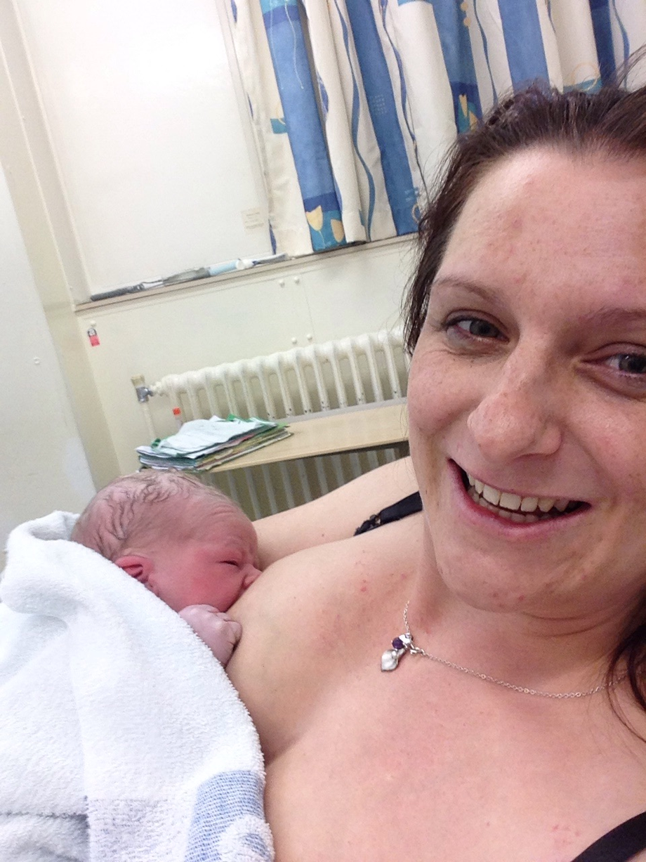 Charlotte Lovell from Kettering: "My gorgeous boy 5 minutes after birth! I breastfed my daughter, too! It's free, perfect temperature, helps to pass on immunities, it's readily available at all times, helps your uterus to contract back faster and the bond gained is amazing!"